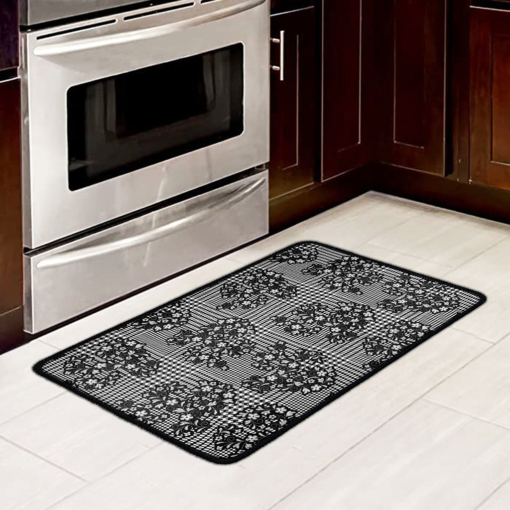 Black And White Floral Glen Plaid Print Kitchen Mat