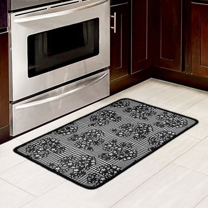 Black And White Floral Glen Plaid Print Kitchen Mat