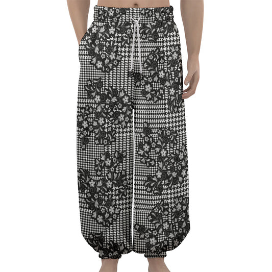 Black And White Floral Glen Plaid Print Lantern Pants