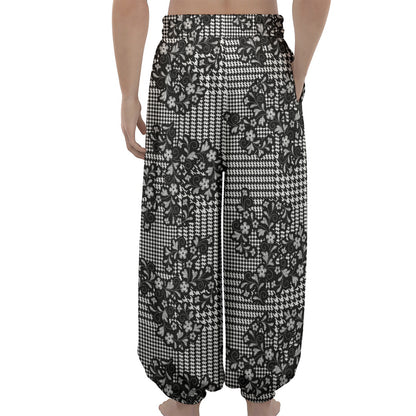 Black And White Floral Glen Plaid Print Lantern Pants