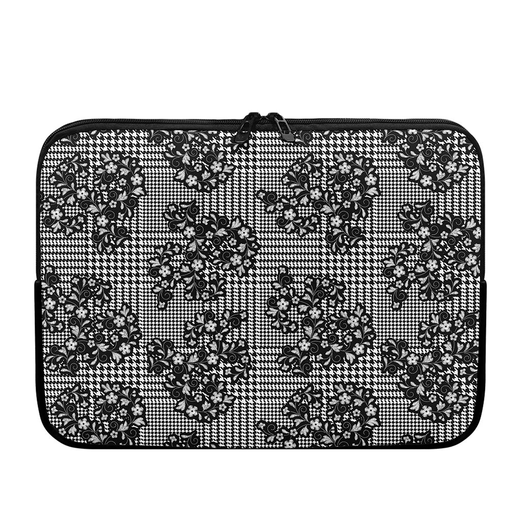 Black And White Floral Glen Plaid Print Laptop Sleeve