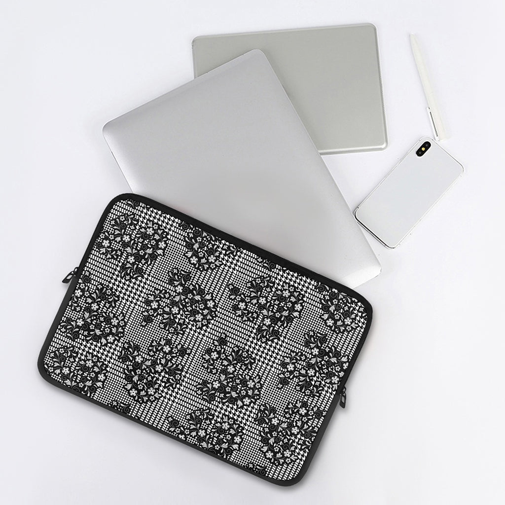 Black And White Floral Glen Plaid Print Laptop Sleeve