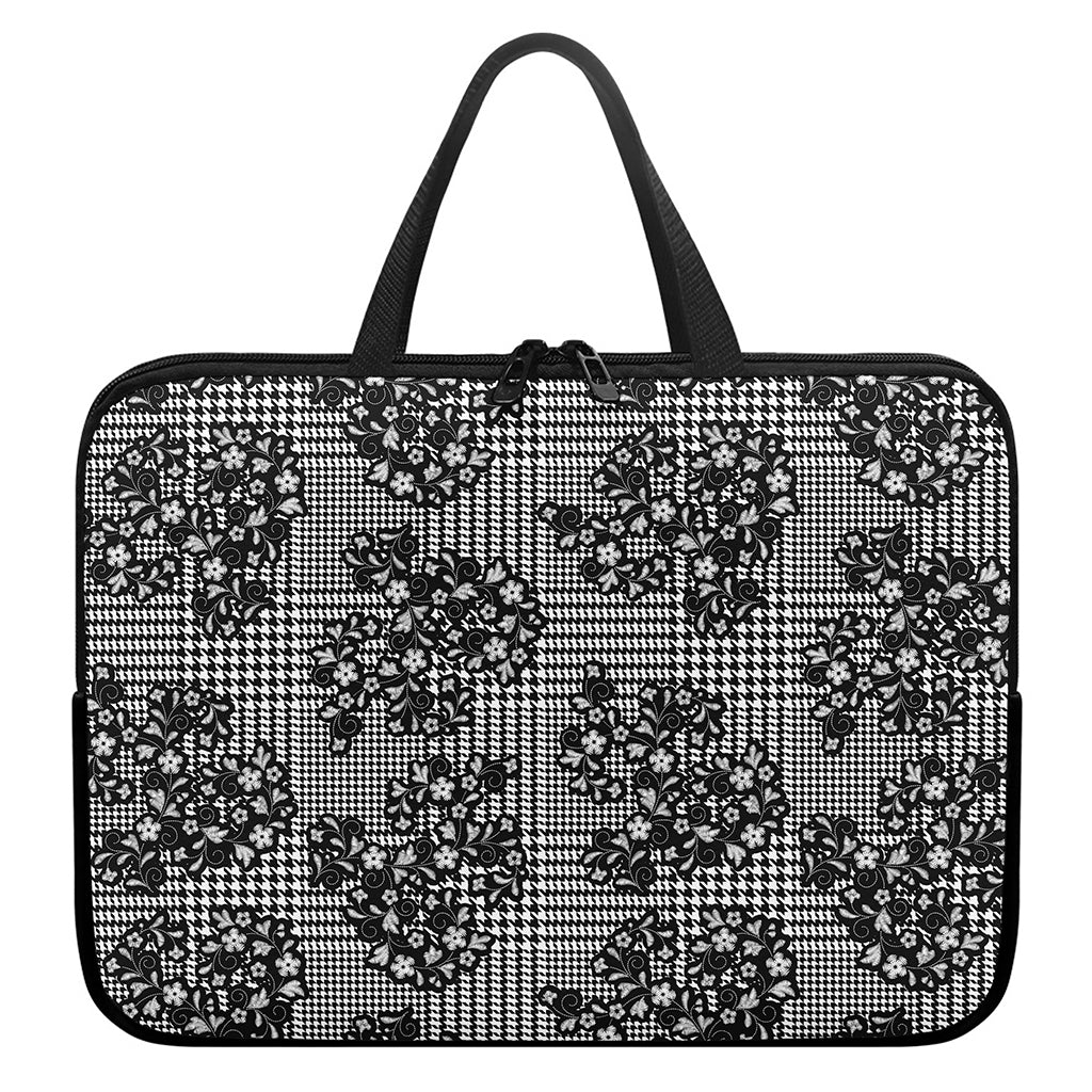 Black And White Floral Glen Plaid Print Laptop Sleeve With Handle