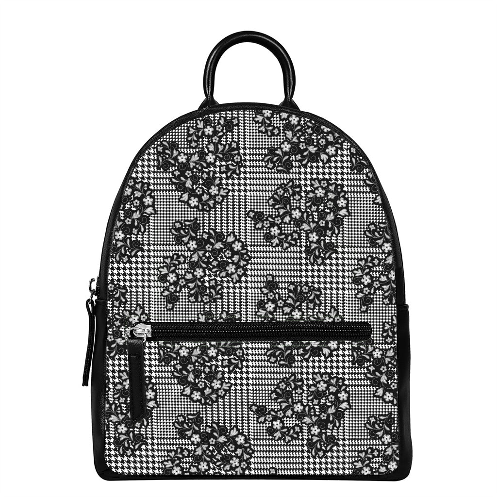 Black And White Floral Glen Plaid Print Leather Backpack