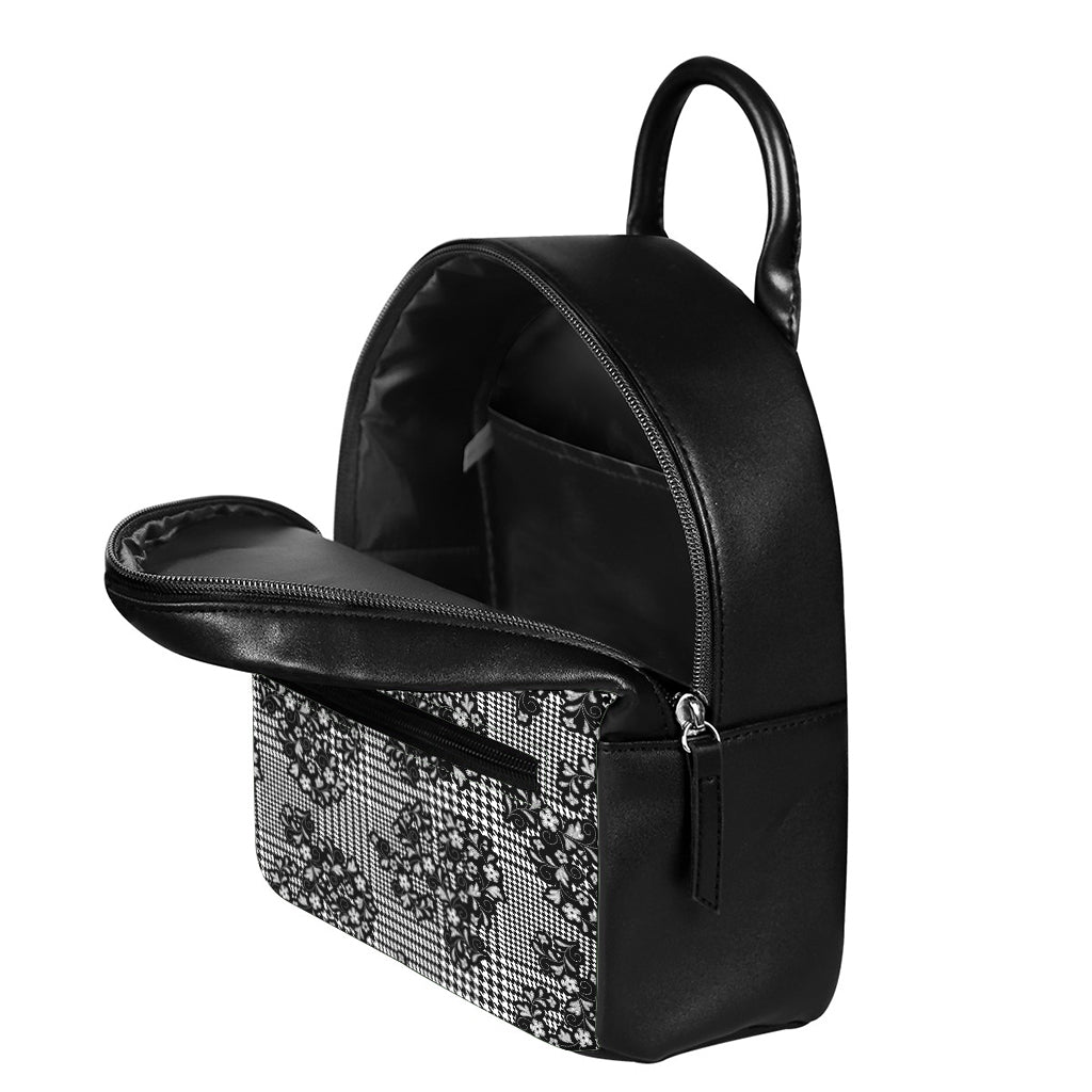Black And White Floral Glen Plaid Print Leather Backpack