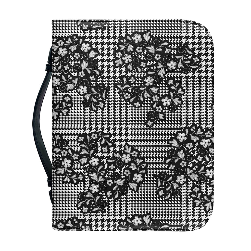 Black And White Floral Glen Plaid Print Leather Bible Cover