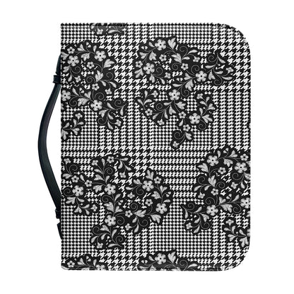 Black And White Floral Glen Plaid Print Leather Bible Cover