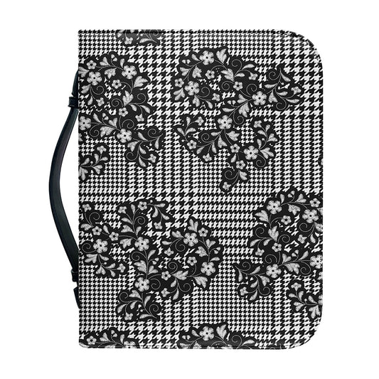 Black And White Floral Glen Plaid Print Leather Bible Cover