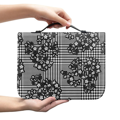 Black And White Floral Glen Plaid Print Leather Bible Cover