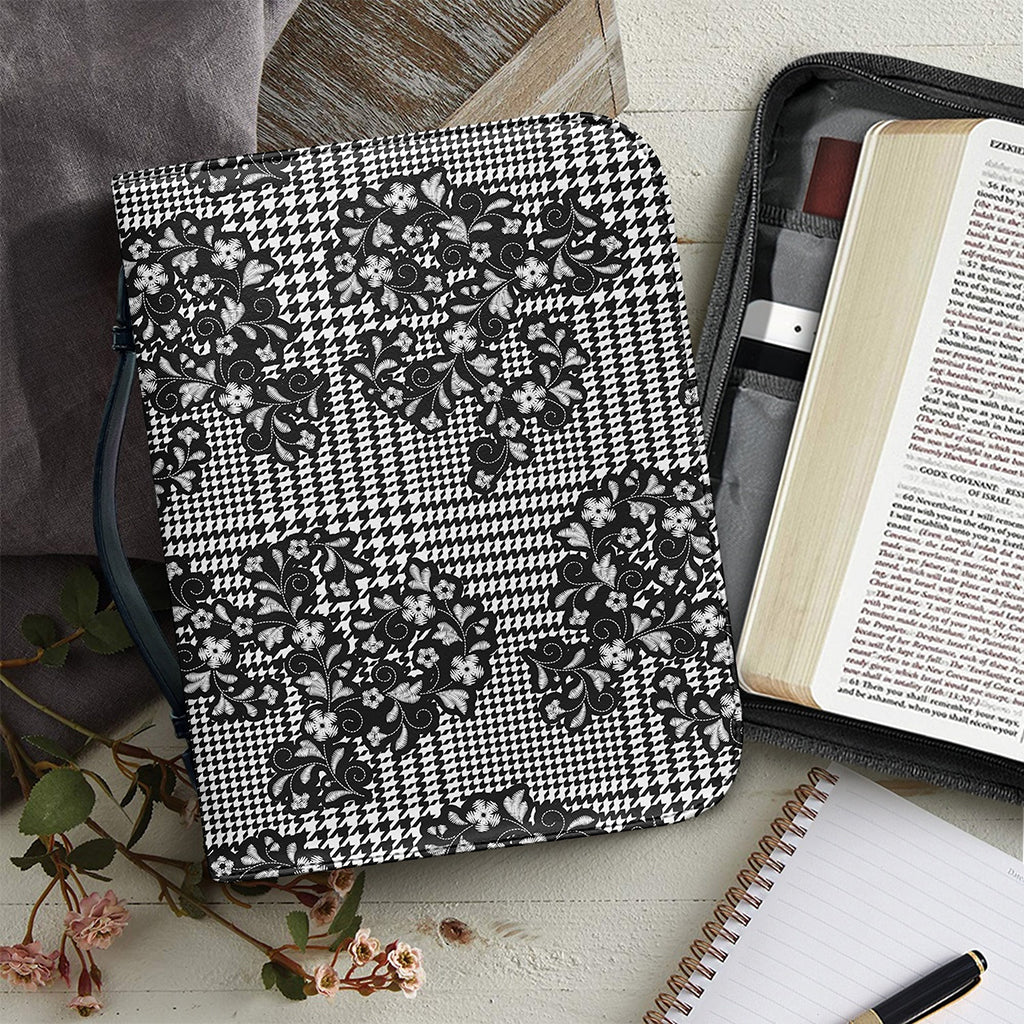 Black And White Floral Glen Plaid Print Leather Bible Cover