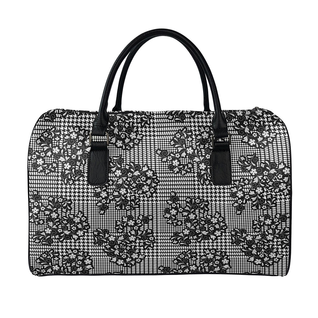 Black And White Floral Glen Plaid Print Leather Duffle Bag