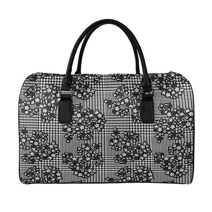 Black And White Floral Glen Plaid Print Leather Duffle Bag