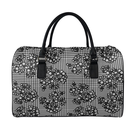 Black And White Floral Glen Plaid Print Leather Duffle Bag