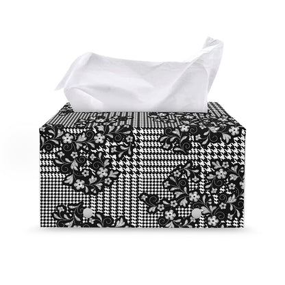 Black And White Floral Glen Plaid Print Leather Tissue Box Cover
