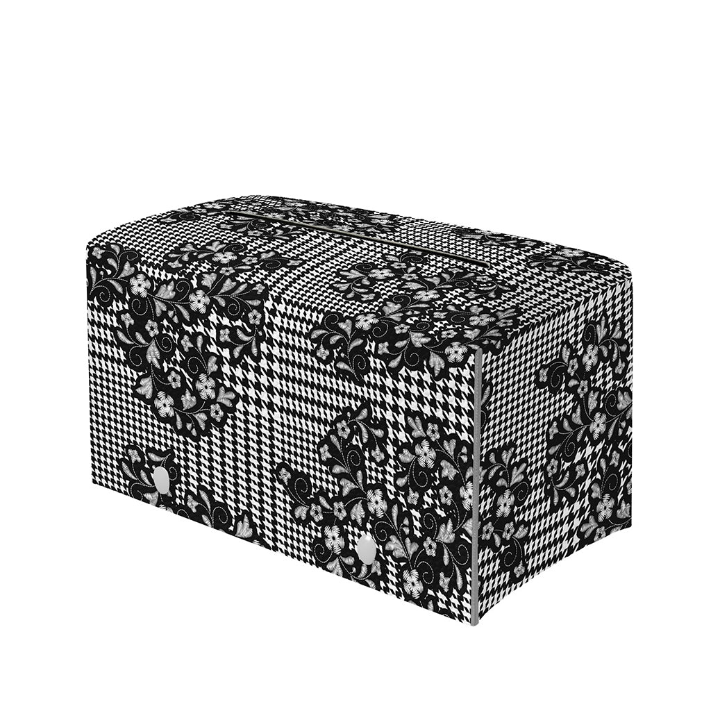Black And White Floral Glen Plaid Print Leather Tissue Box Cover
