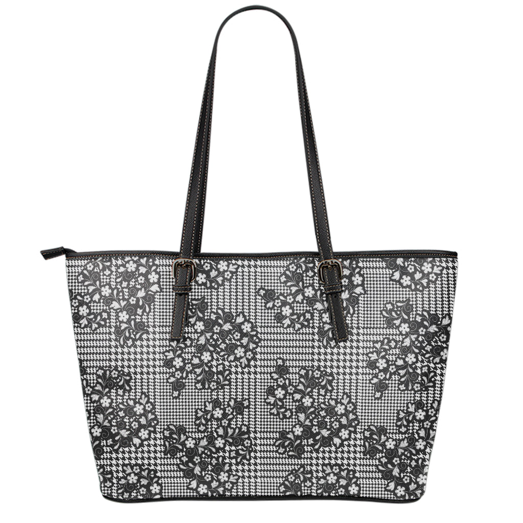Black And White Floral Glen Plaid Print Leather Tote Bag