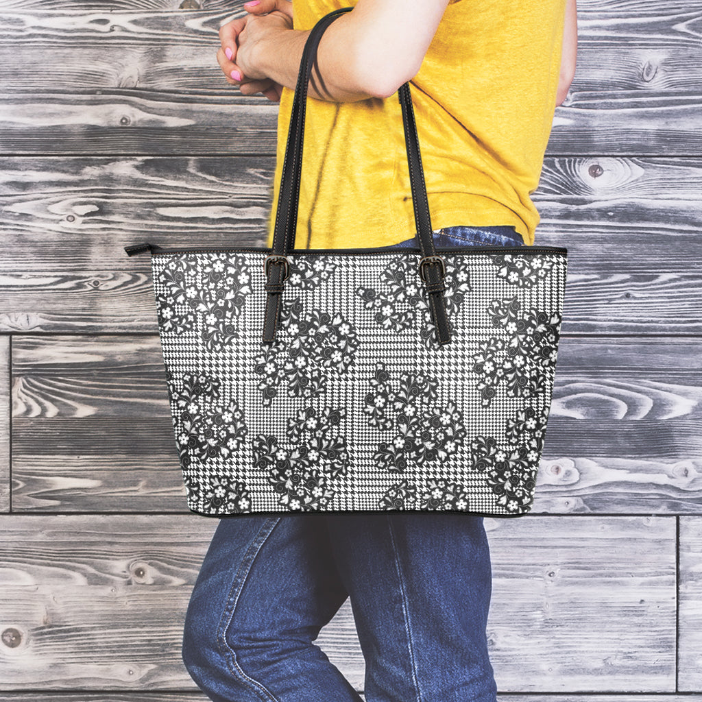 Black And White Floral Glen Plaid Print Leather Tote Bag