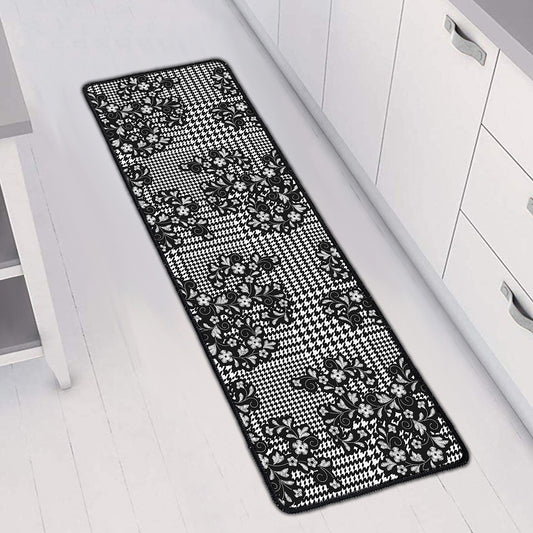 Black And White Floral Glen Plaid Print Long Kitchen Mat