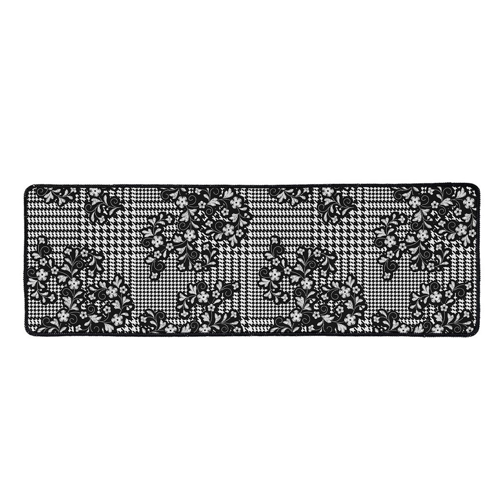 Black And White Floral Glen Plaid Print Long Kitchen Mat