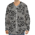 Black And White Floral Glen Plaid Print Long Sleeve Baseball Jersey