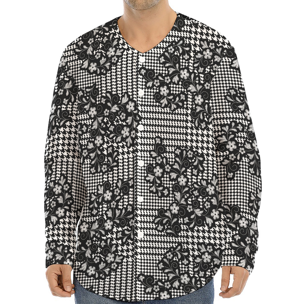 Black And White Floral Glen Plaid Print Long Sleeve Baseball Jersey