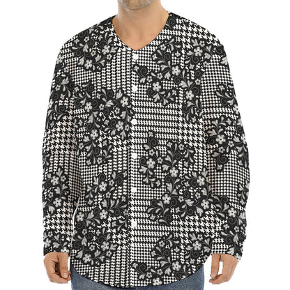 Black And White Floral Glen Plaid Print Long Sleeve Baseball Jersey
