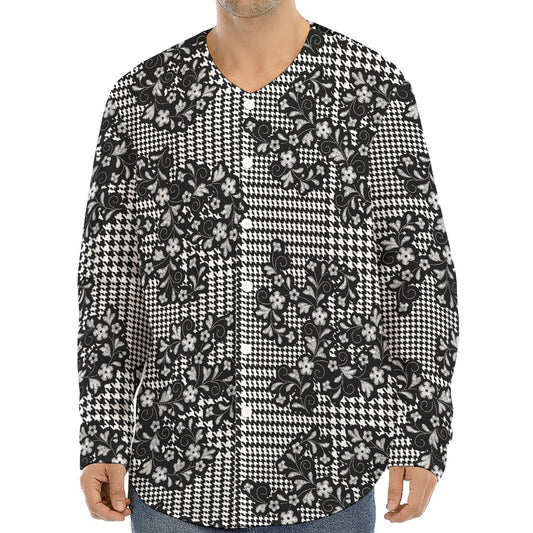 Black And White Floral Glen Plaid Print Long Sleeve Baseball Jersey