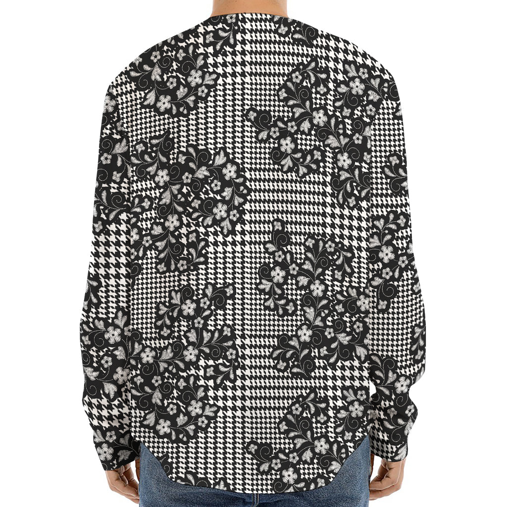 Black And White Floral Glen Plaid Print Long Sleeve Baseball Jersey