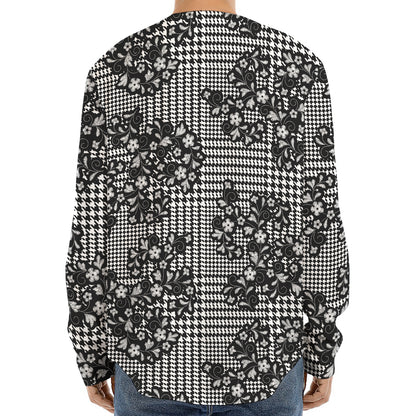 Black And White Floral Glen Plaid Print Long Sleeve Baseball Jersey