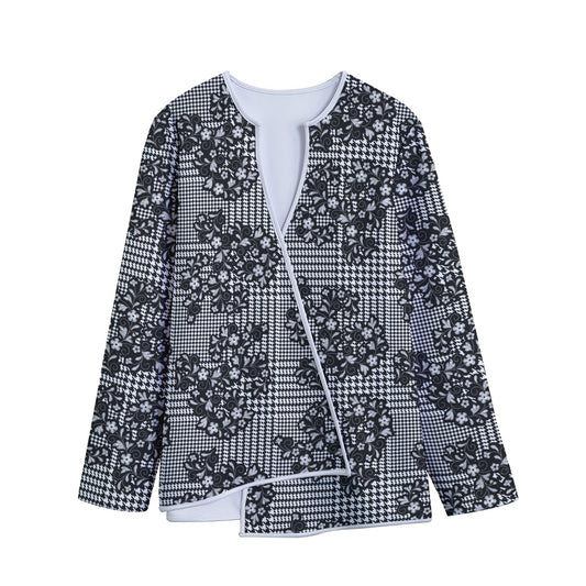 Black And White Floral Glen Plaid Print Long Sleeve Short Coat