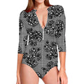 Black And White Floral Glen Plaid Print Long Sleeve Swimsuit