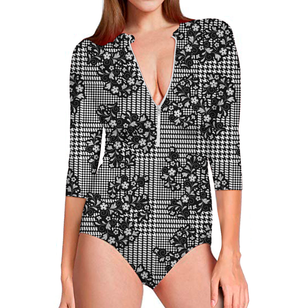Black And White Floral Glen Plaid Print Long Sleeve Swimsuit