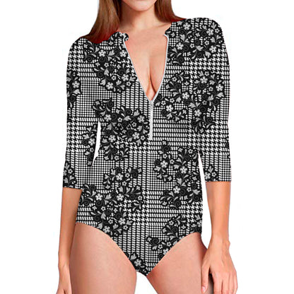 Black And White Floral Glen Plaid Print Long Sleeve Swimsuit