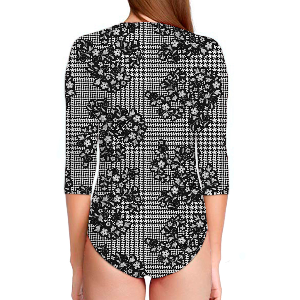 Black And White Floral Glen Plaid Print Long Sleeve Swimsuit