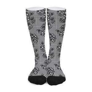 Black And White Floral Glen Plaid Print Long Socks