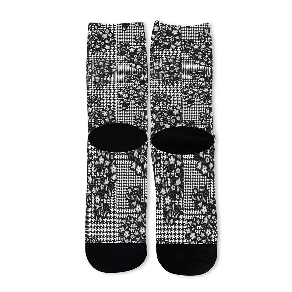 Black And White Floral Glen Plaid Print Long Socks