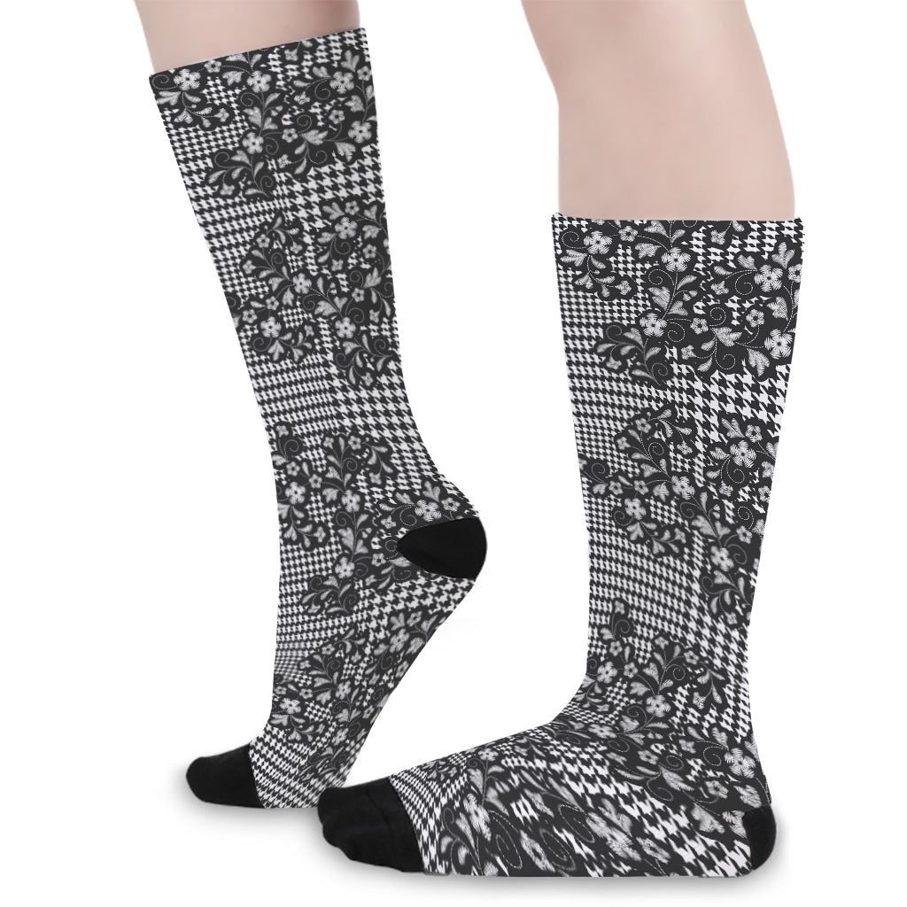 Black And White Floral Glen Plaid Print Long Socks