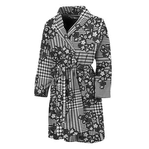 Black And White Floral Glen Plaid Print Men's Bathrobe