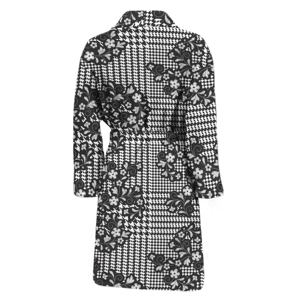 Black And White Floral Glen Plaid Print Men's Bathrobe