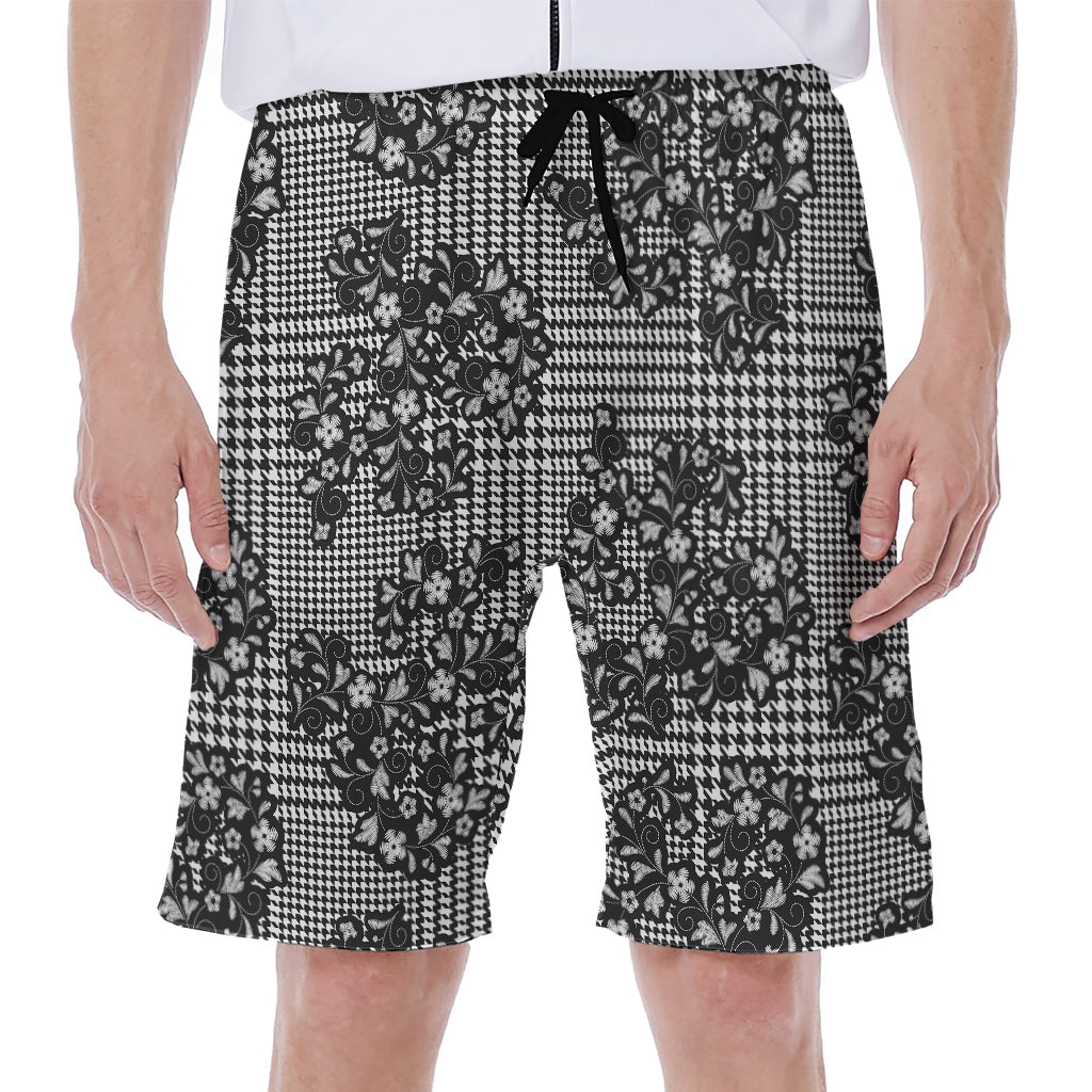Black And White Floral Glen Plaid Print Men's Beach Shorts