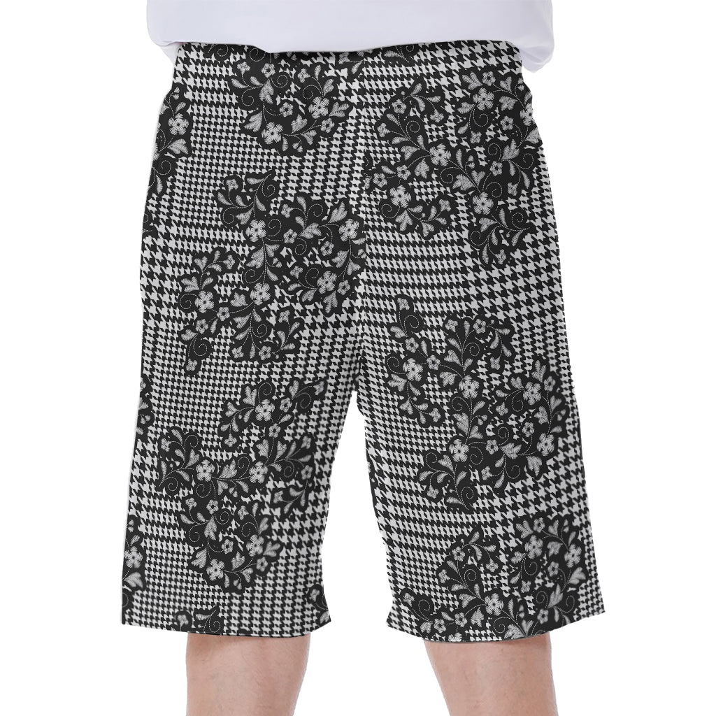 Black And White Floral Glen Plaid Print Men's Beach Shorts