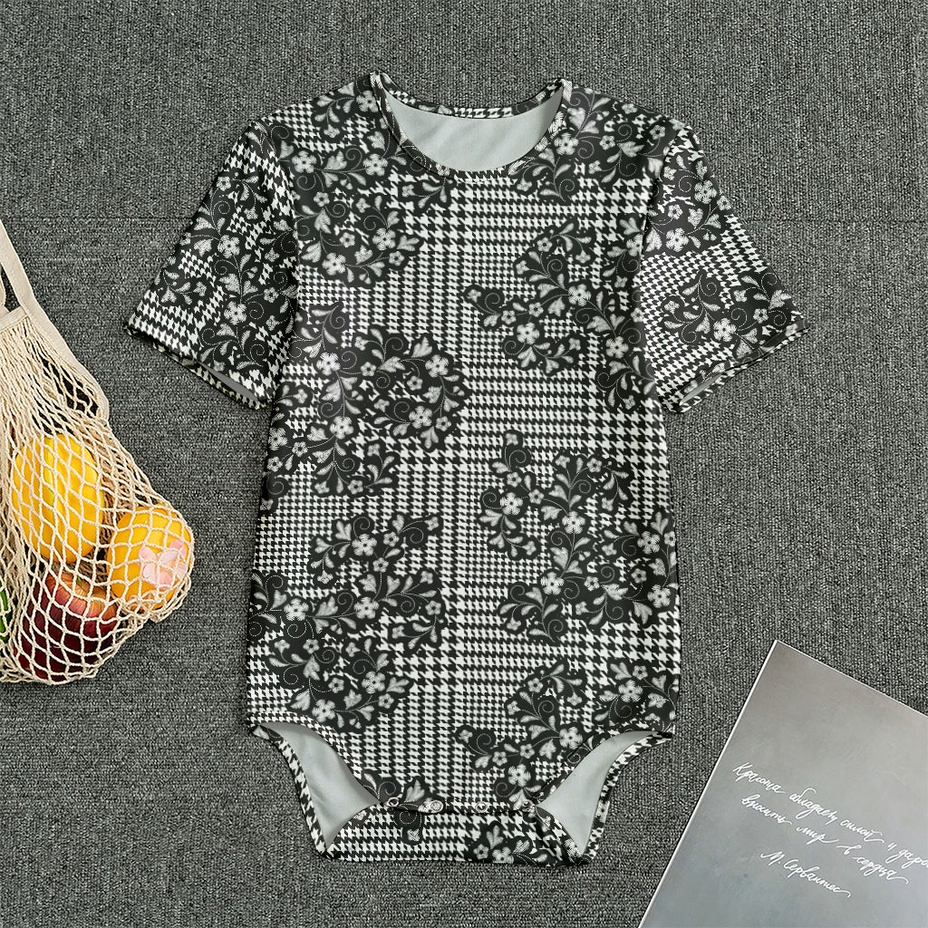 Black And White Floral Glen Plaid Print Men's Bodysuit