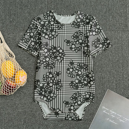 Black And White Floral Glen Plaid Print Men's Bodysuit