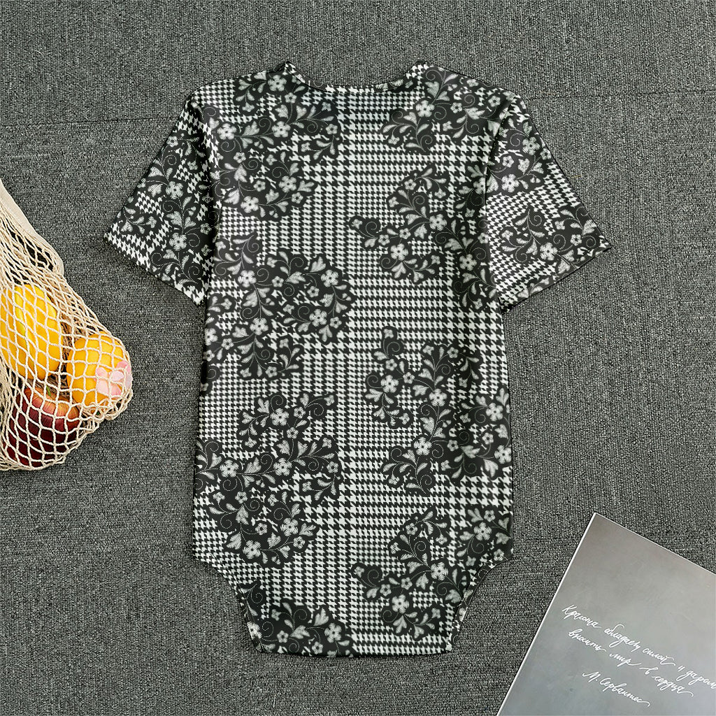 Black And White Floral Glen Plaid Print Men's Bodysuit