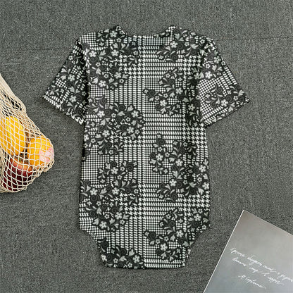 Black And White Floral Glen Plaid Print Men's Bodysuit