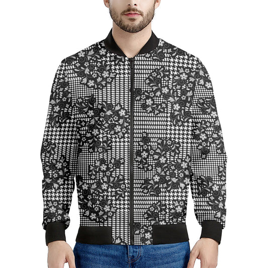Black And White Floral Glen Plaid Print Men's Bomber Jacket