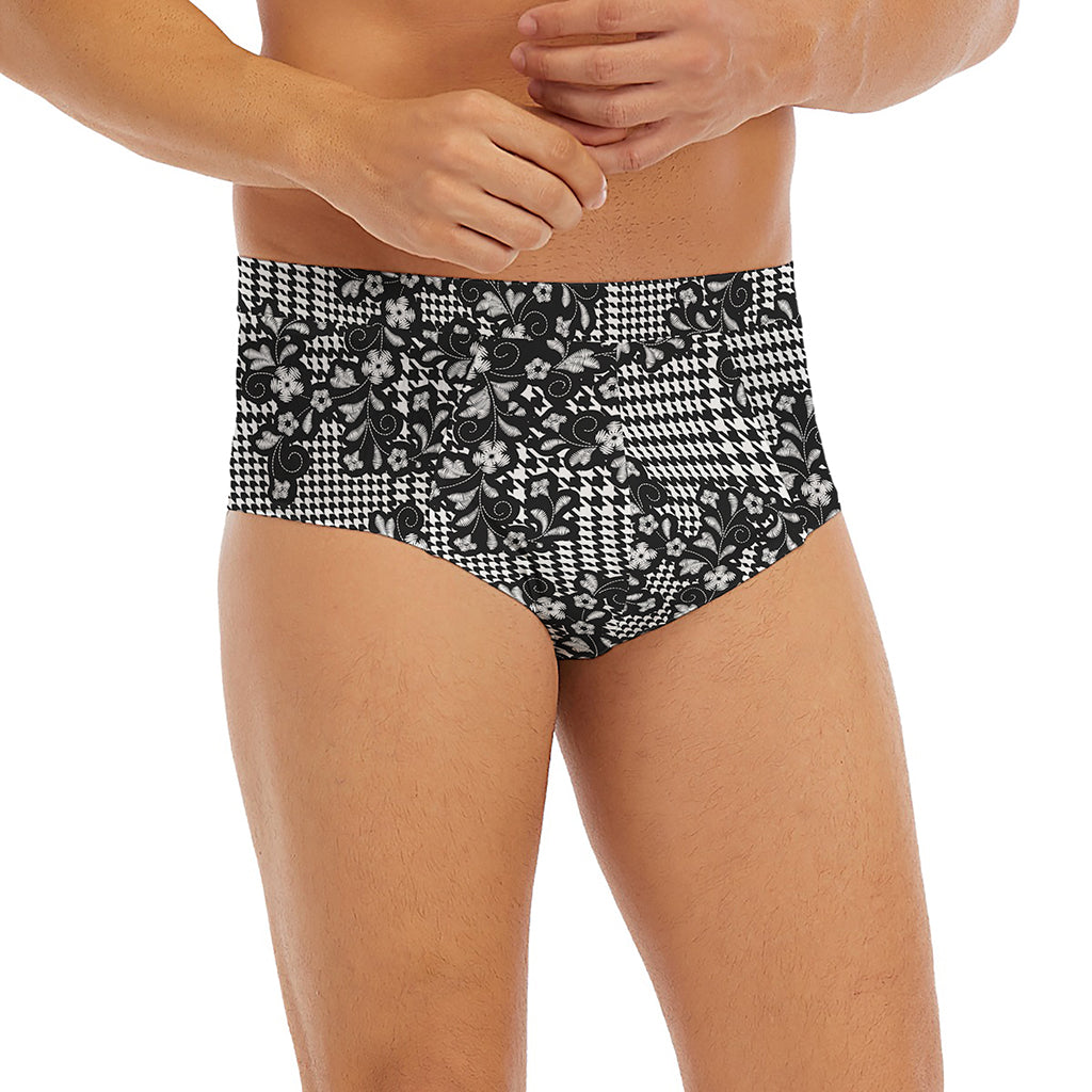 Black And White Floral Glen Plaid Print Men's Briefs