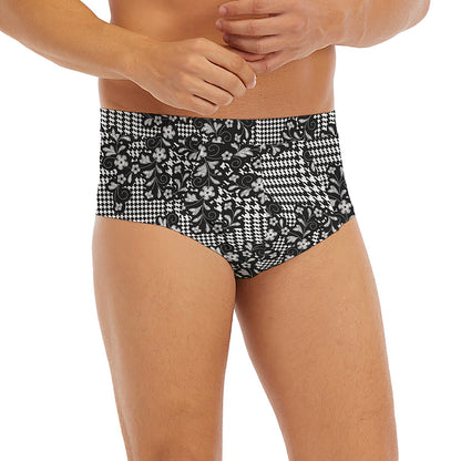 Black And White Floral Glen Plaid Print Men's Briefs