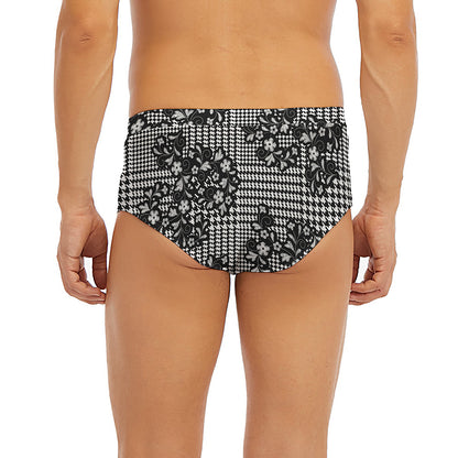 Black And White Floral Glen Plaid Print Men's Briefs