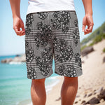 Black And White Floral Glen Plaid Print Men's Cargo Shorts